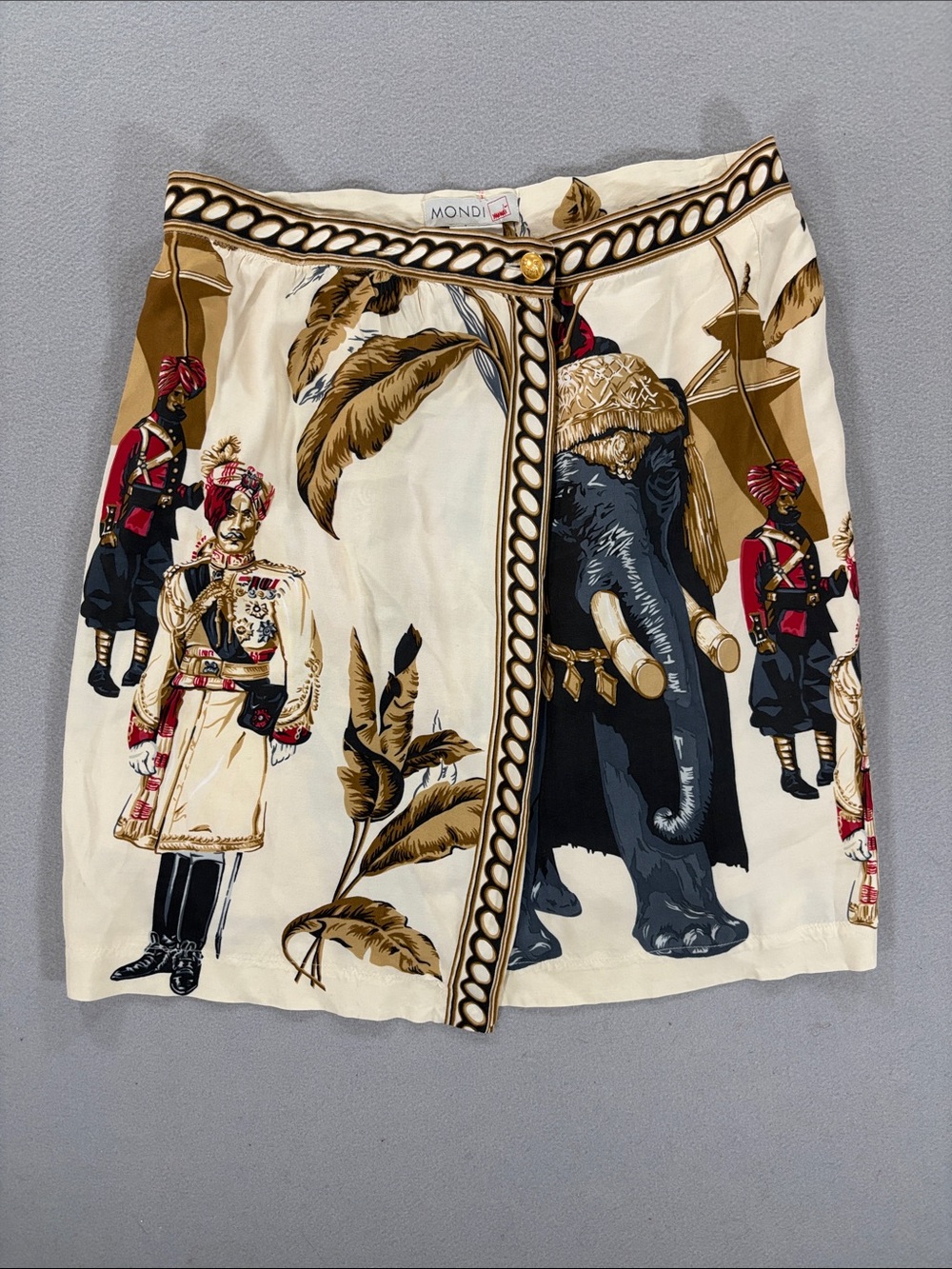 MONDI Ivory Printed Silk Mini Skirt with Elephant Motif L